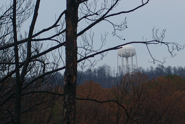 Water tower smiles down on burned forest